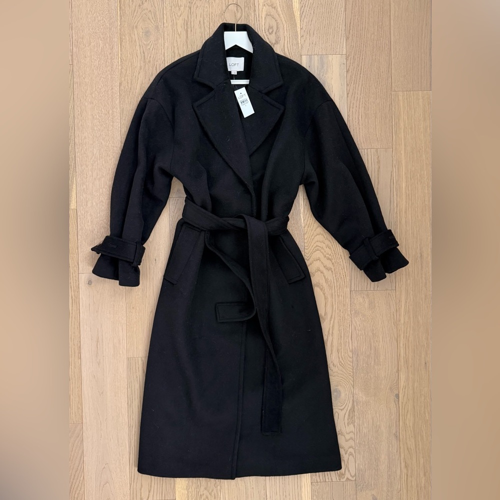 LOFT Wool Blend Belted Black Trench Coat